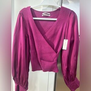 Anthropologie Plum Ribbed Sweater with Banded Viscose Sleeves.Size XS